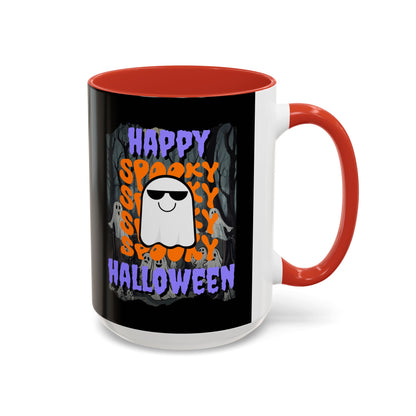 Spooky Happy Halloween Ghost Purple font Black Accent Mug by CreepyCrafts.boo