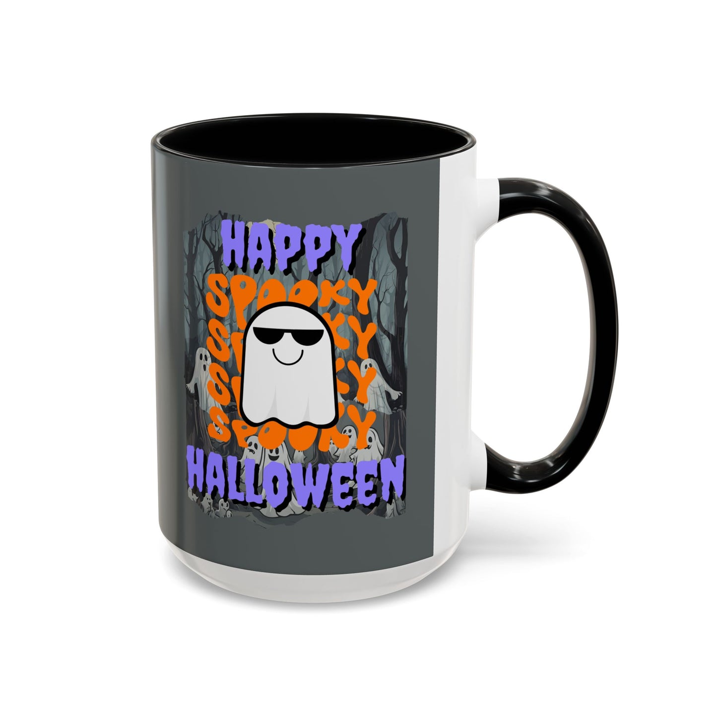 Spooky Happy Halloween Ghost Purple font Grey Accent Mug by CreepyCrafts.boo
