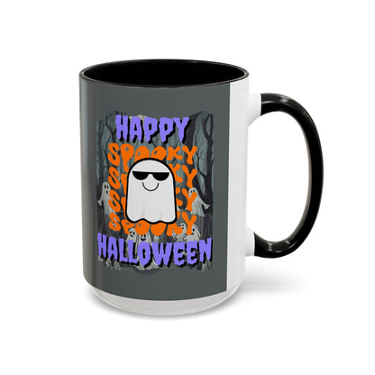 Spooky Happy Halloween Ghost Purple font Grey Accent Mug by CreepyCrafts.boo