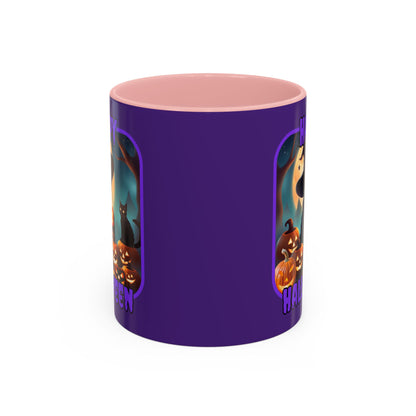 Happy Halloween Cute Witch Purple font Purple Accent Mug by CreepyCrafts.boo
