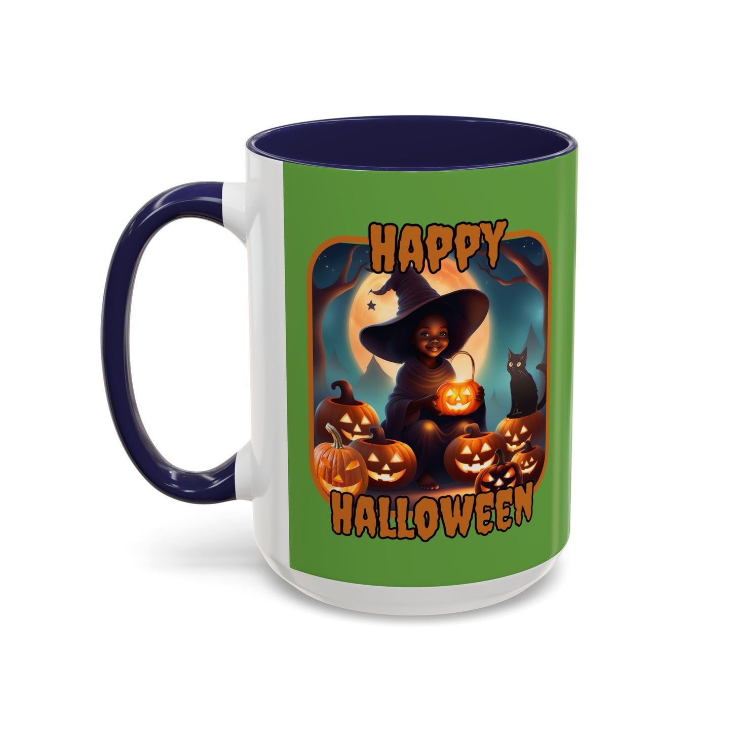 Happy Halloween Cute Witch Orange font Green Accent Mug by CreepyCrafts.boo
