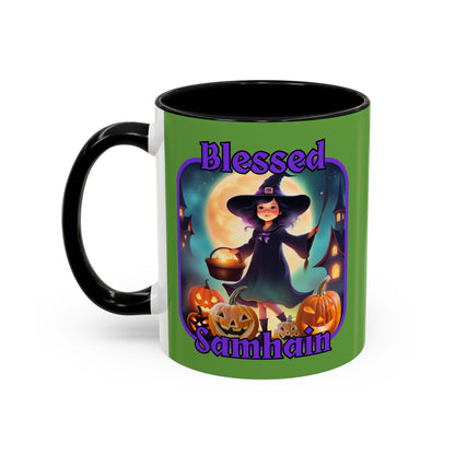 Blessed Samhain Little Witch Purple font Green Accent Mug by CreepyCrafts.boo