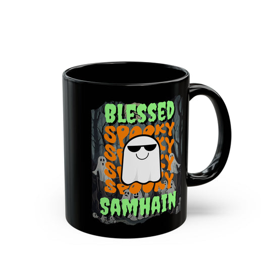 Spooky Blessed Samhain Ghost Green font Black Mug by CreepyCrafts.boo