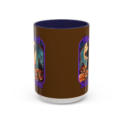 Blessed Samhain Cute Witch Purple font Brown Accent Mug by CreepyCrafts.boo