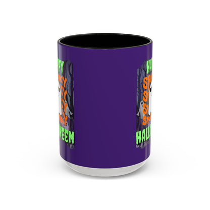 Spooky Happy Halloween Ghost Green font Purple Accent Mug by CreepyCrafts.boo