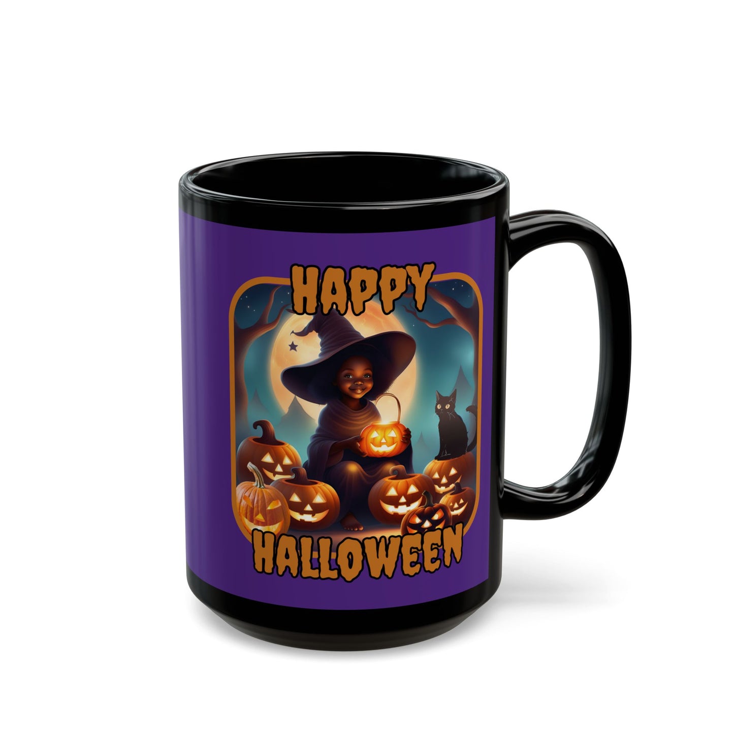 Happy Halloween Cute Witch Orange font Purple Mug by CreepyCrafts.boo