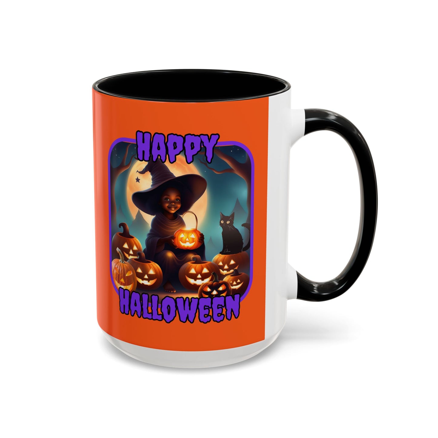 Happy Halloween Cute Witch Purple font Orange Accent Mug by CreepyCrafts.boo