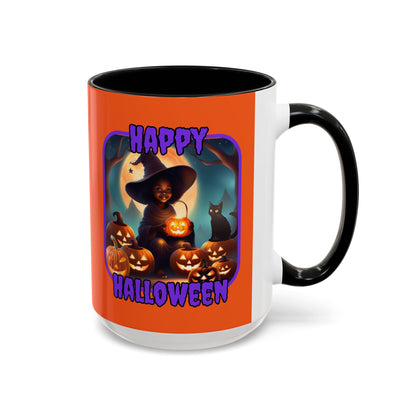 Happy Halloween Cute Witch Purple font Orange Accent Mug by CreepyCrafts.boo