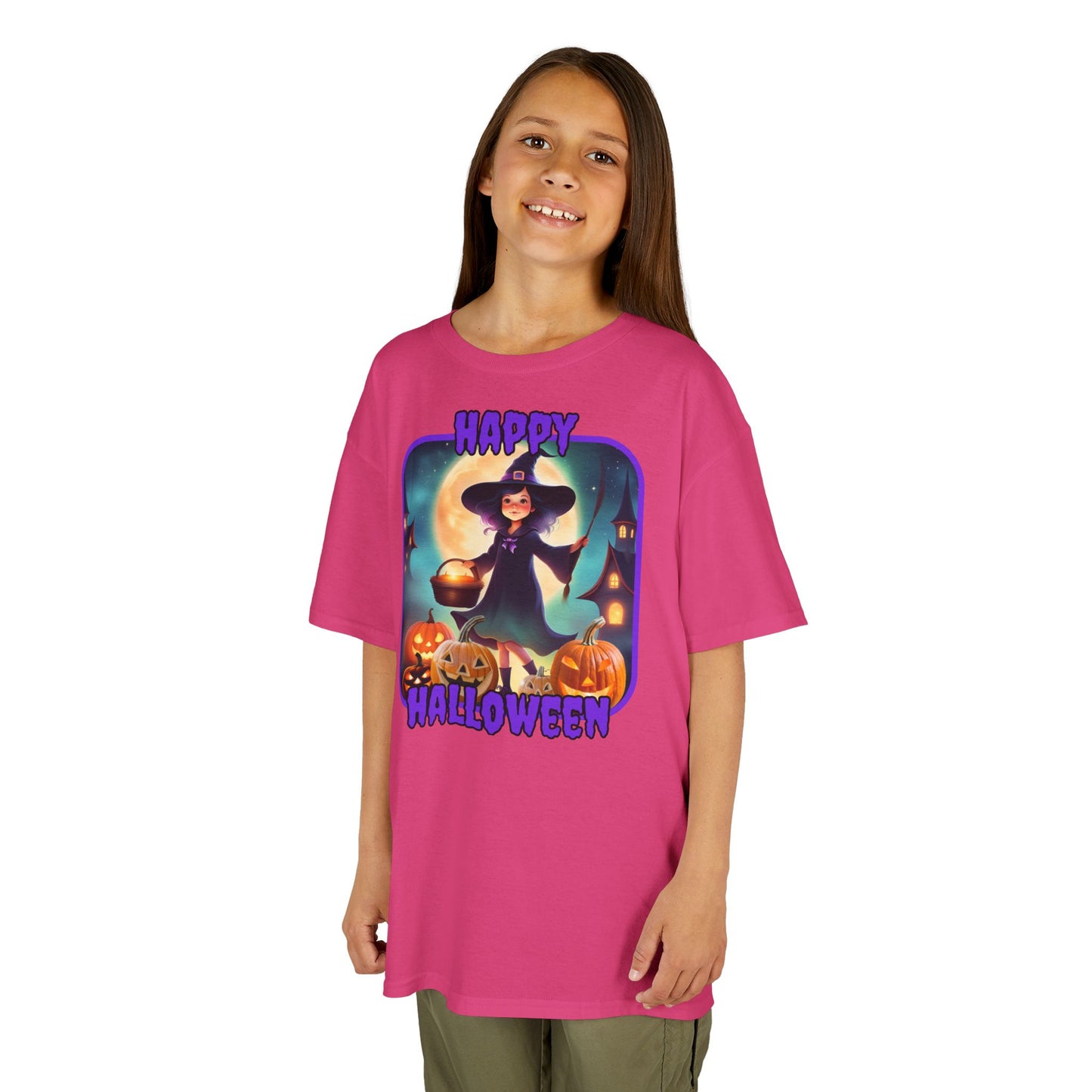 Happy Halloween Little Witch Purple font Kids Heavy Cotton™ Tee by CreepyCrafts.boo