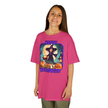 Happy Halloween Little Witch Purple font Kids Heavy Cotton™ Tee by CreepyCrafts.boo