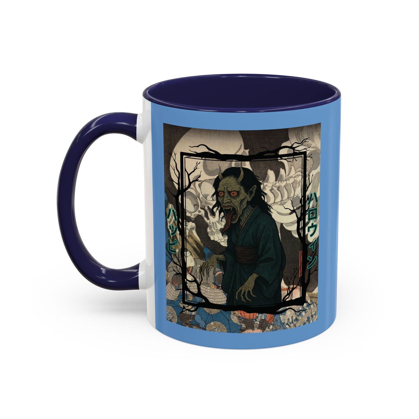 Yōkai Happy Halloween Light Blue Accent Mug by CreepyCrafts.boo