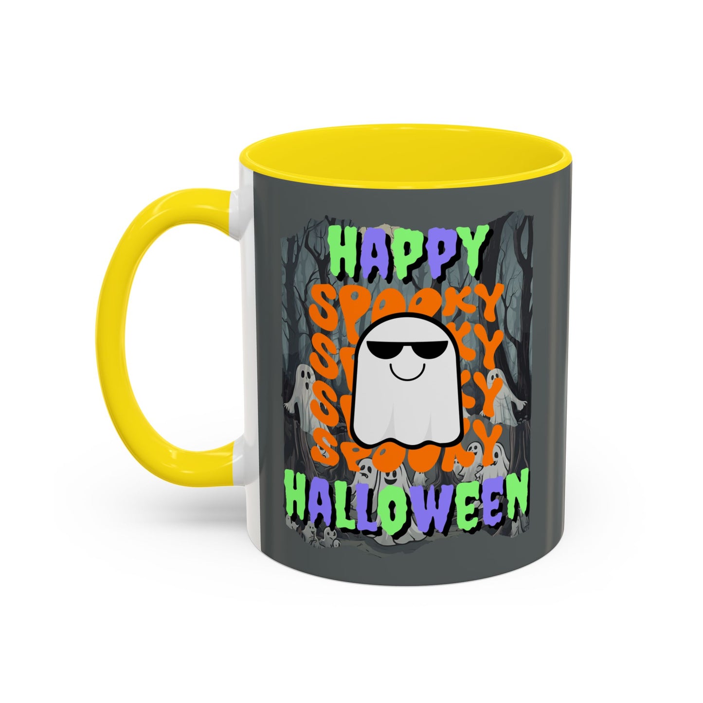 Spooky Happy Halloween Ghost Mixed font Grey Accent Mug by CreepyCrafts.boo