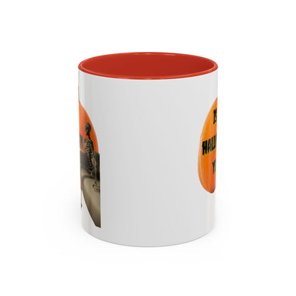 Is it Halloween yet? Skeleton's Giant Pumpkin White Accent Mug by CreepyCrafts.boo