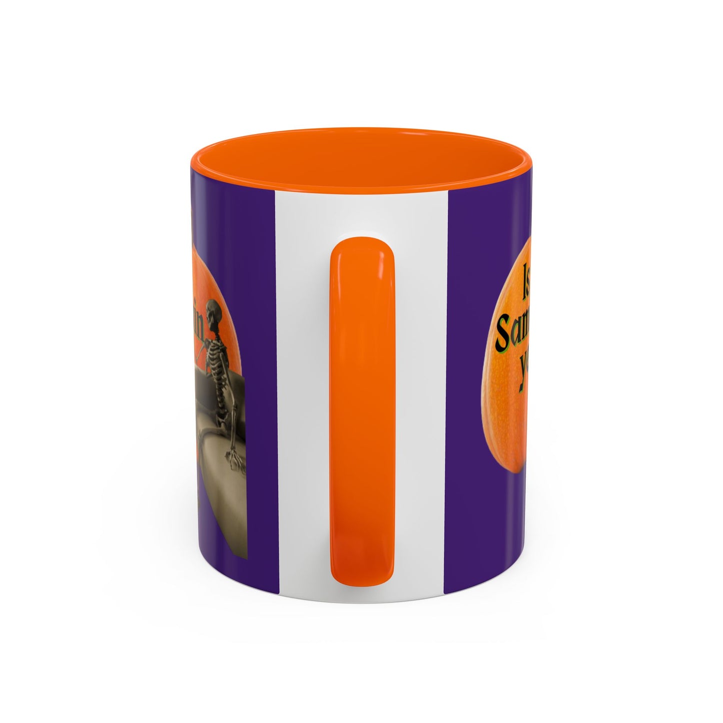 Is It Samhain Yet? Skeleton's Giant Pumpkin Purple Accent Mug by CreepyCrafts.boo