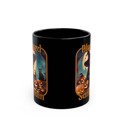 Blessed Samhain Cute Witch Orange font Black Mug by CreepyCrafts.boo