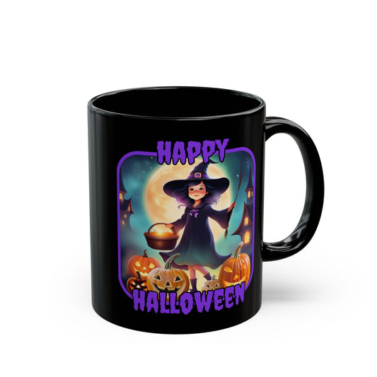 Happy Halloween Little Witch Purple font Black Mug by CreepyCrafts.boo