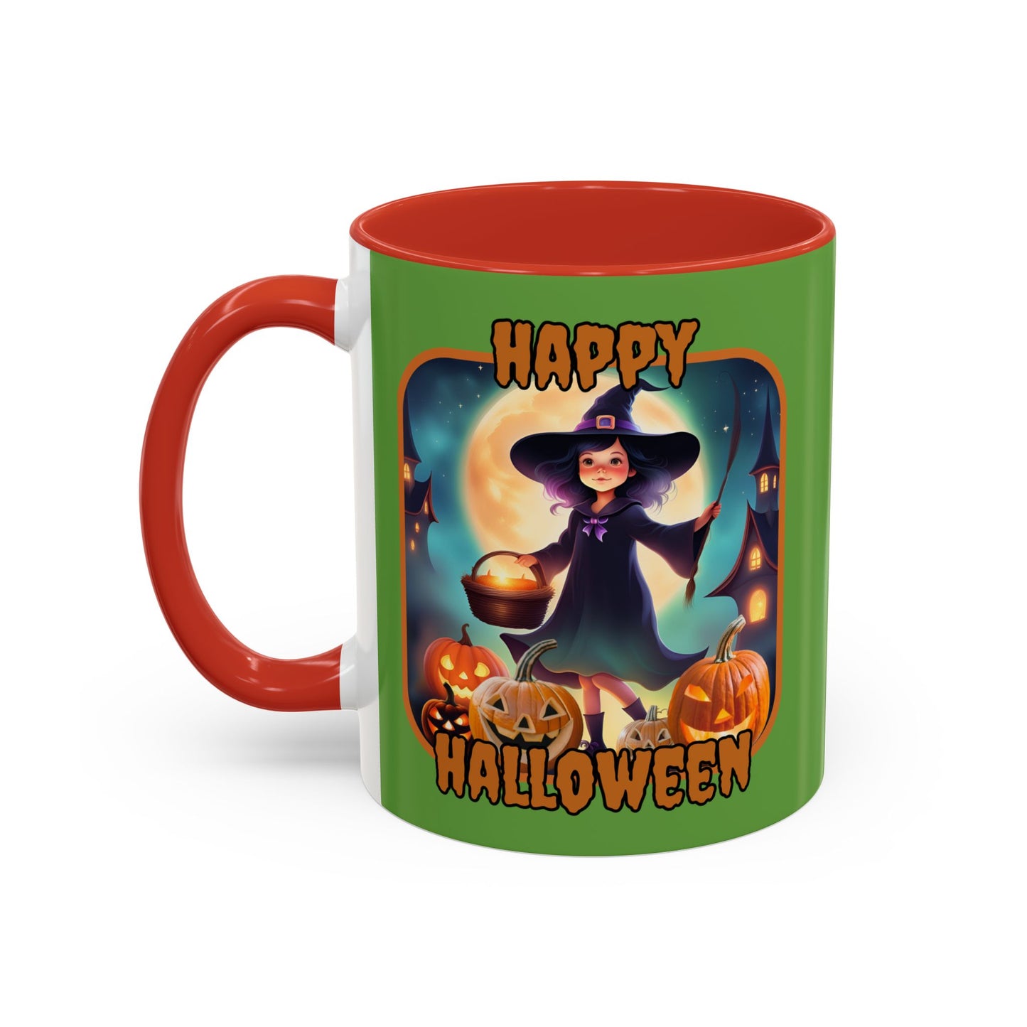 Happy Halloween Little Witch Orange font Green Accent Mug by CreepyCrafts.boo