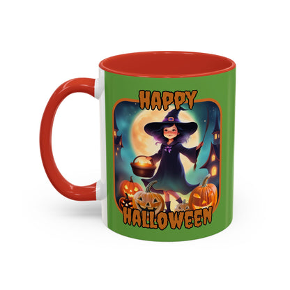 Happy Halloween Little Witch Orange font Green Accent Mug by CreepyCrafts.boo