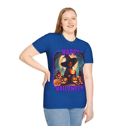 Happy Halloween Cute Witch Purple font Dark colors Unisex T-Shirt by CreepyCrafts.boo