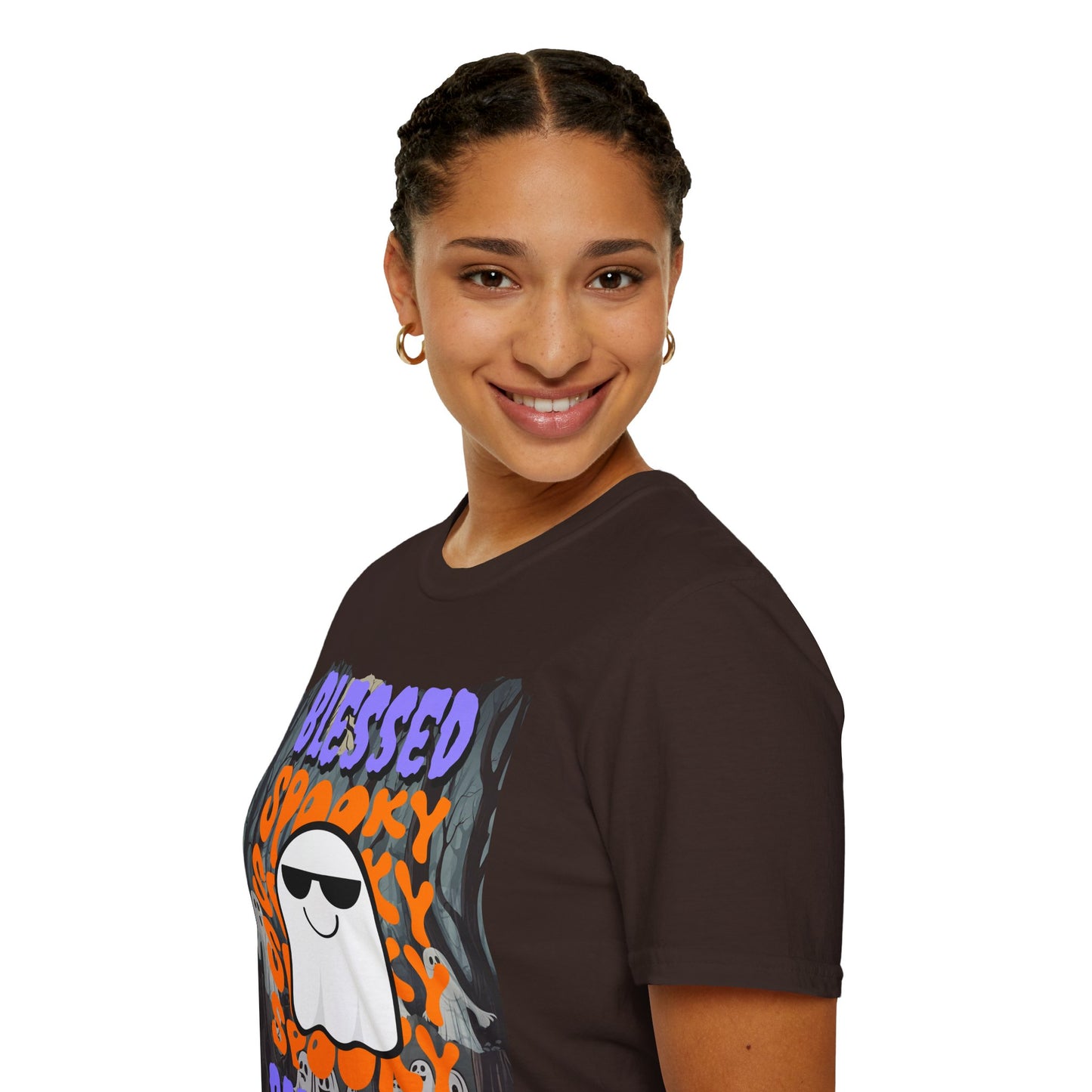Spooky Blessed Samhain Ghost Purple font Unisex T-Shirt by CreepyCrafts.boo