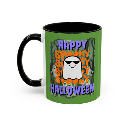Spooky Happy Halloween Ghost Purple font Green Accent Mug by CreepyCrafts.boo