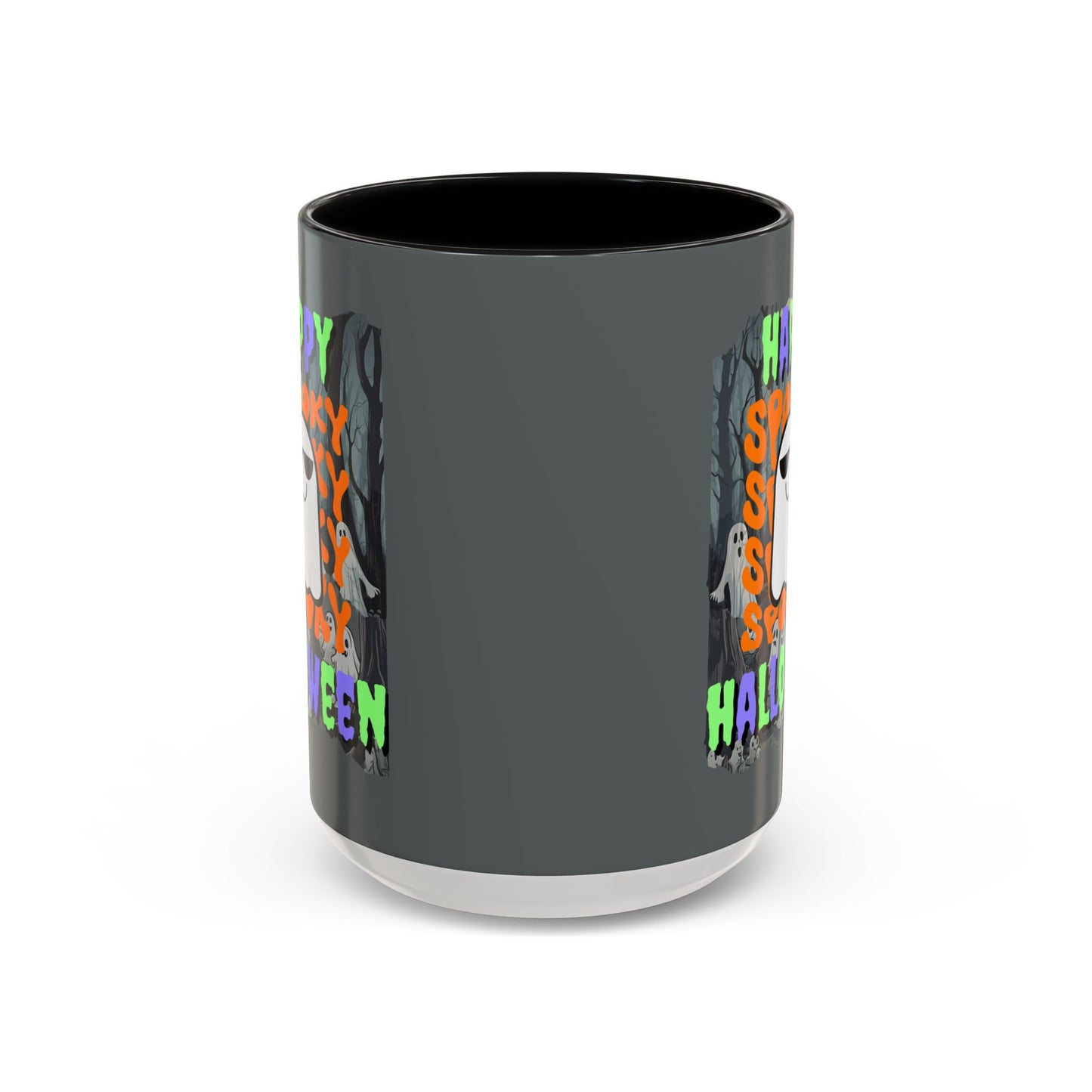 Spooky Happy Halloween Ghost Mixed font Grey Accent Mug by CreepyCrafts.boo