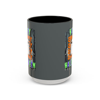 Spooky Happy Halloween Ghost Mixed font Grey Accent Mug by CreepyCrafts.boo