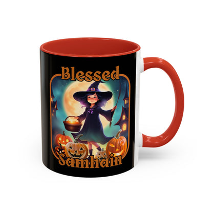 Blessed Samhain Little Witch Orange font Black Accent Mug by CreepyCrafts.boo