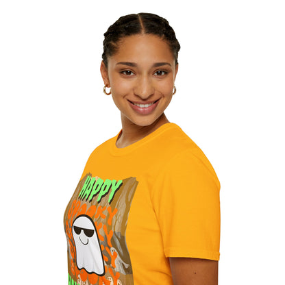 Spooky Happy Halloween Ghost Light colors Green font Unisex T-Shirt by CreepyCrafts.boo