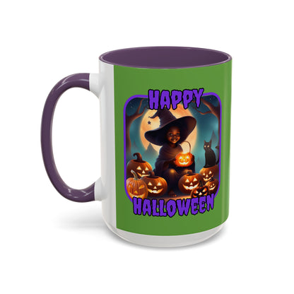 Happy Halloween Cute Witch Purple font Green Accent Mug by CreepyCrafts.boo