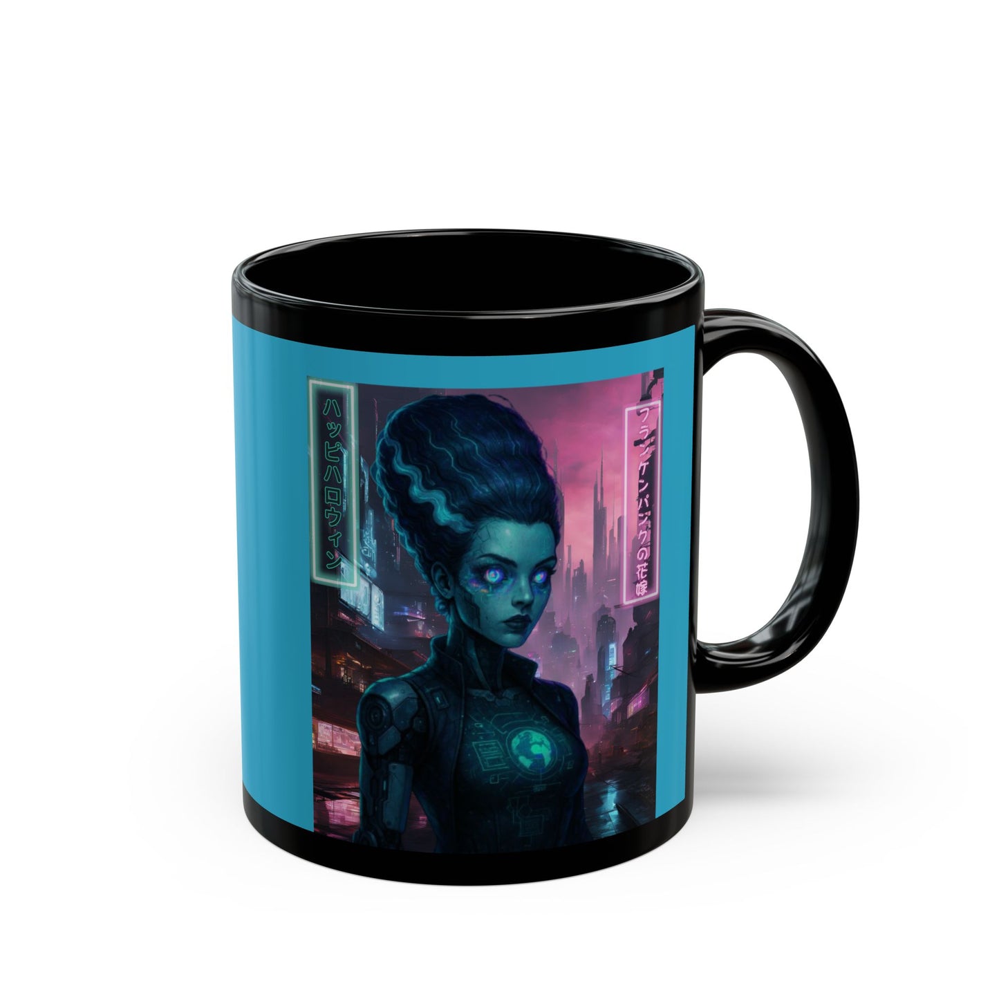 Neon Bride of Frankenstein Turquoise Mug by CreepyCrafts.boo