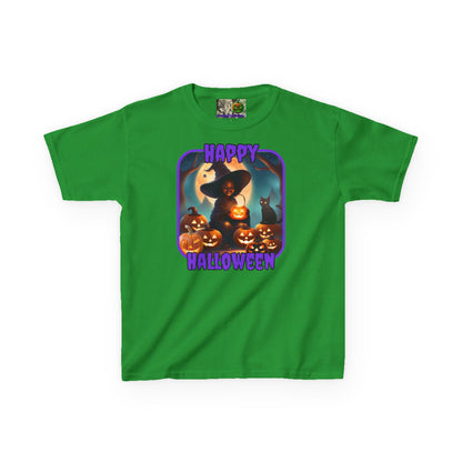Happy Halloween Cute Witch Purple font Kids Heavy Cotton™ Tee by CreepyCrafts.boo