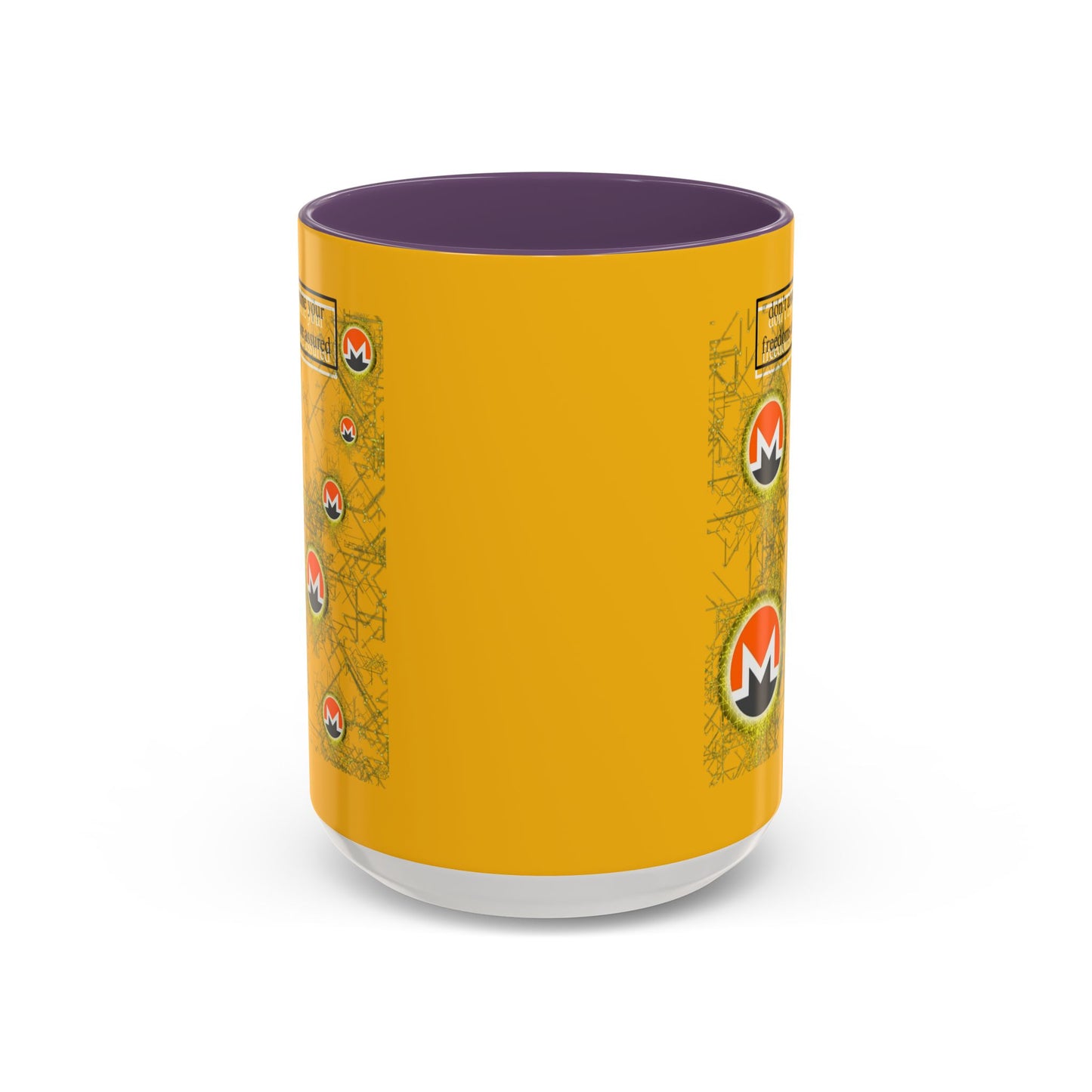 Monero (XMR) don't assume your freedoms are assured Yellow Accent Mug by cypherpunkgear.com