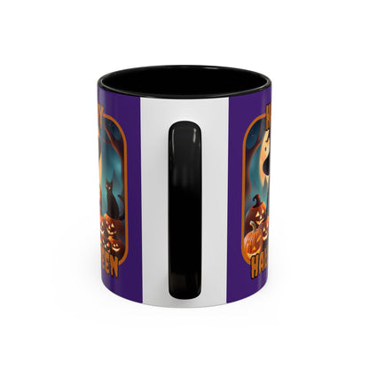 Happy Halloween Cute Witch Orange font Purple Accent Mug by CreepyCrafts.boo
