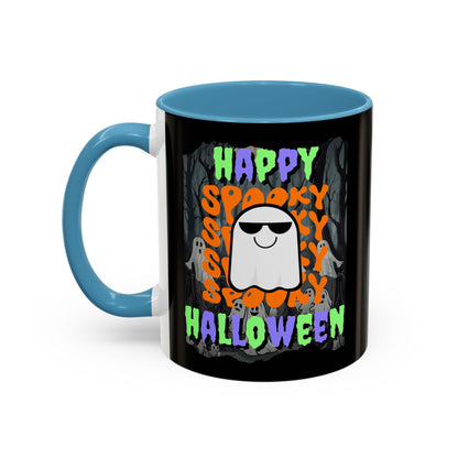 Spooky Happy Halloween Ghost Mixed font Black Accent Mug by CreepyCrafts.boo