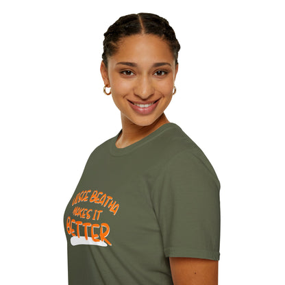 Uisce Beatha makes it better Orange font Dark colors Unisex T-Shirt by cypherpunkgear.com