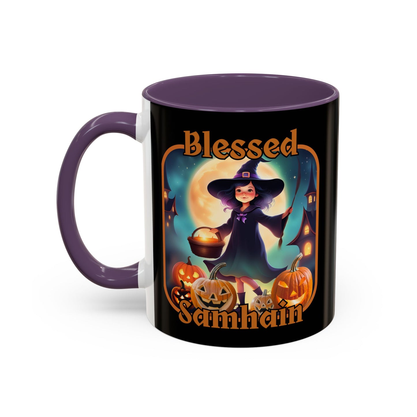 Blessed Samhain Little Witch Orange font Black Accent Mug by CreepyCrafts.boo