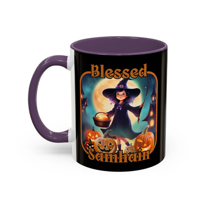 Blessed Samhain Little Witch Orange font Black Accent Mug by CreepyCrafts.boo