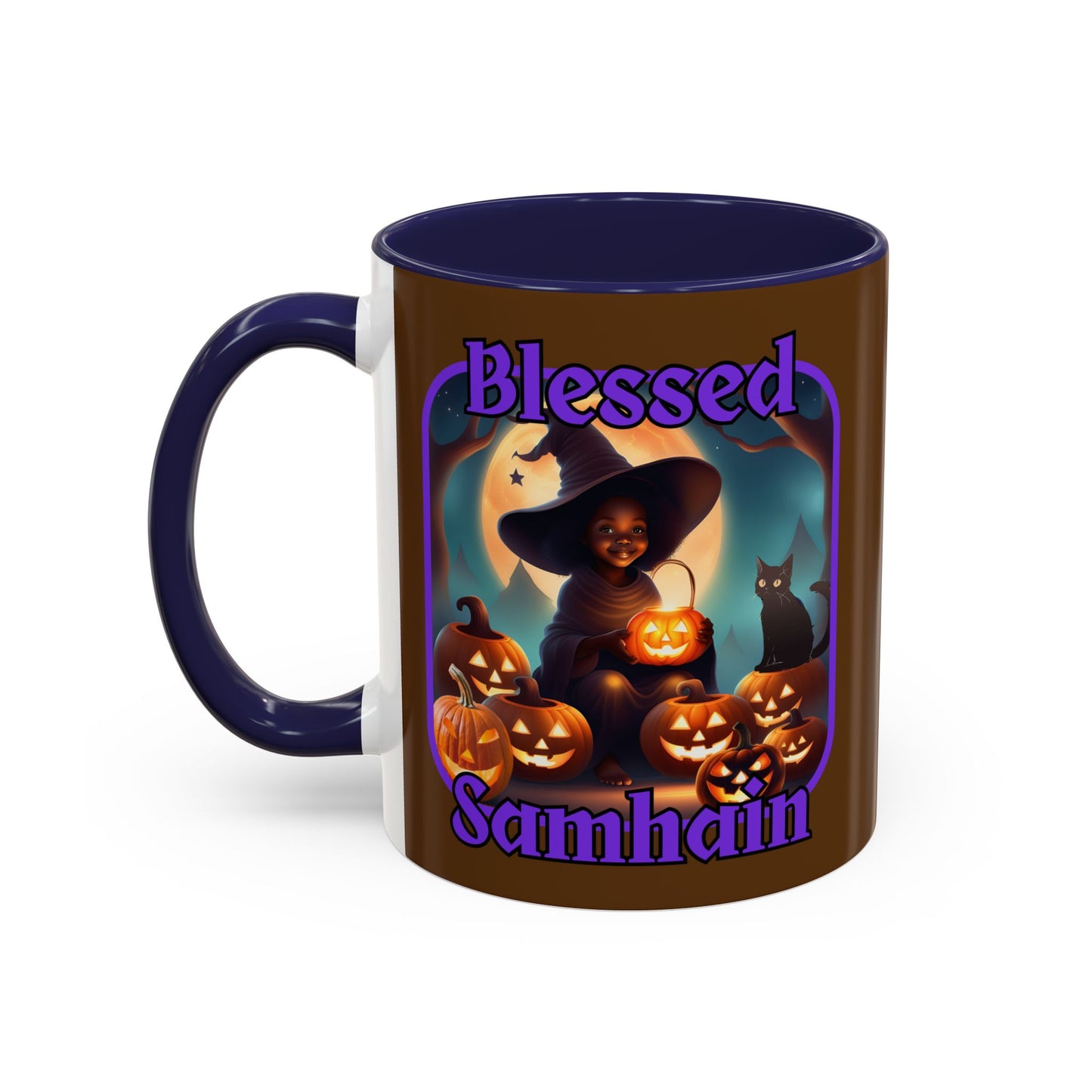Blessed Samhain Cute Witch Purple font Brown Accent Mug by CreepyCrafts.boo