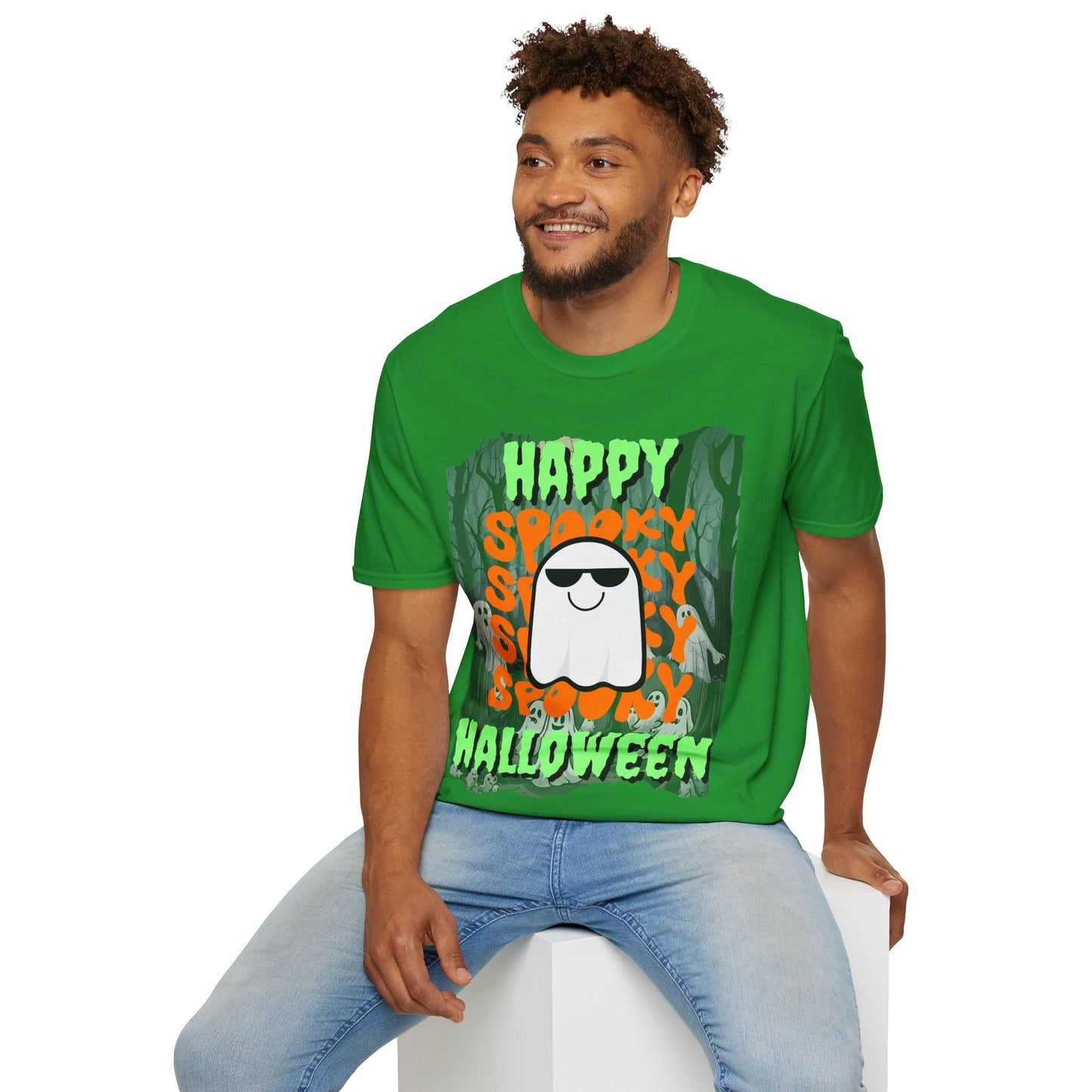 Spooky Happy Halloween Ghost Dark colors Green font Unisex T-Shirt by CreepyCrafts.boo