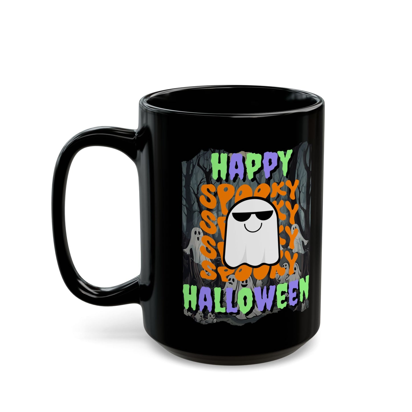 Spooky Happy Halloween Ghost Mixed font Black Mug by CreepyCrafts.boo
