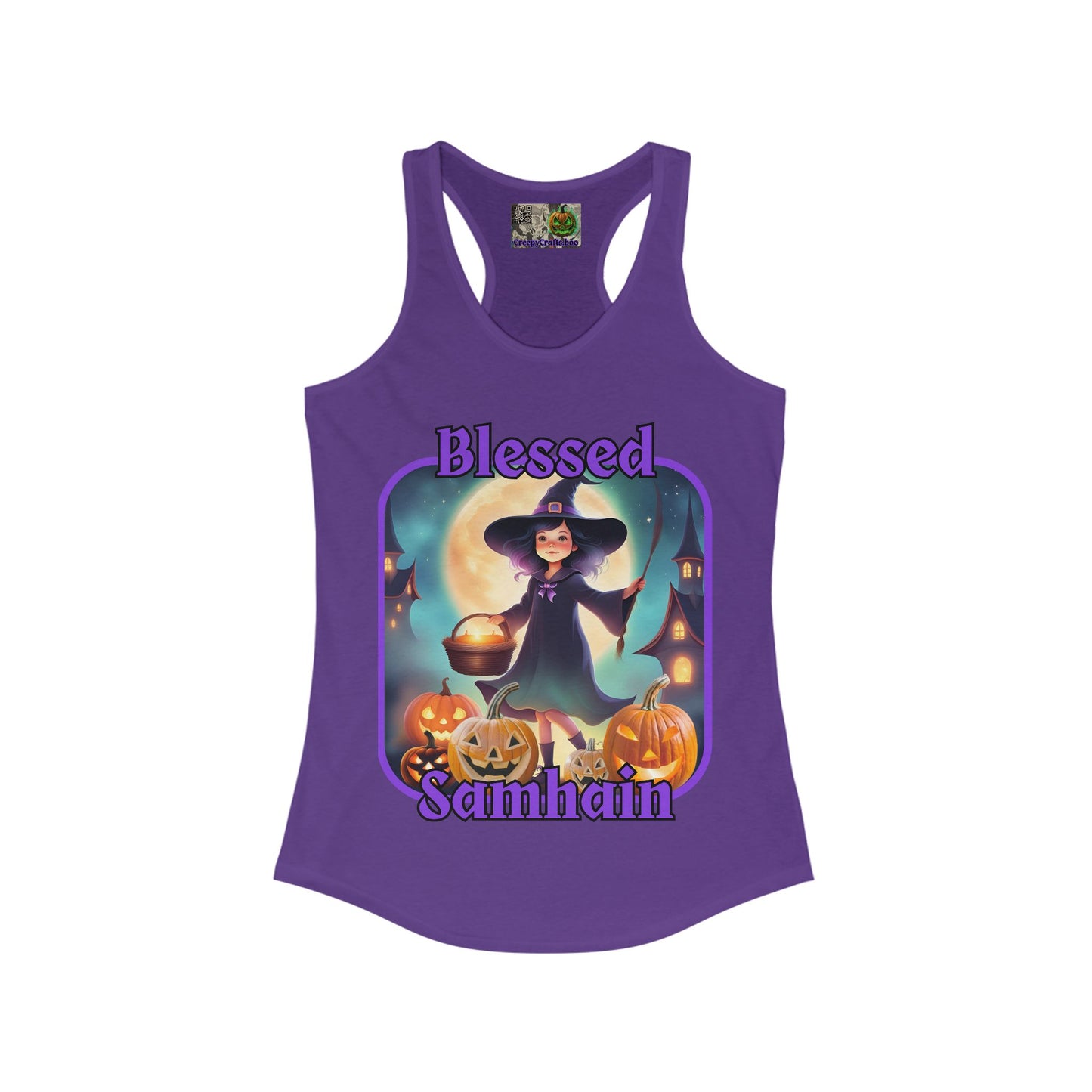 Blessed Samhain Little Witch Purple font Women's Racerback Tank Top by CreepyCrafts.boo