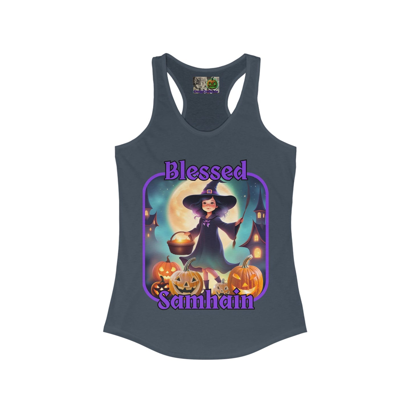 Blessed Samhain Little Witch Purple font Women's Racerback Tank Top by CreepyCrafts.boo