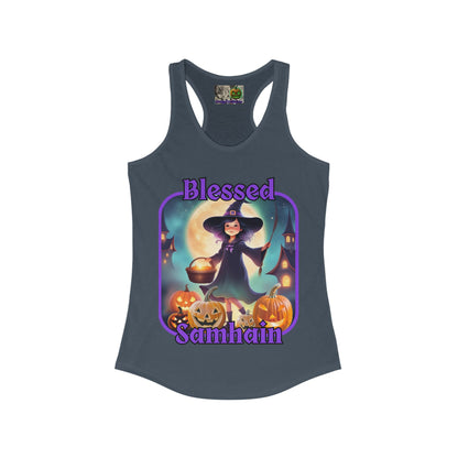 Blessed Samhain Little Witch Purple font Women's Racerback Tank Top by CreepyCrafts.boo