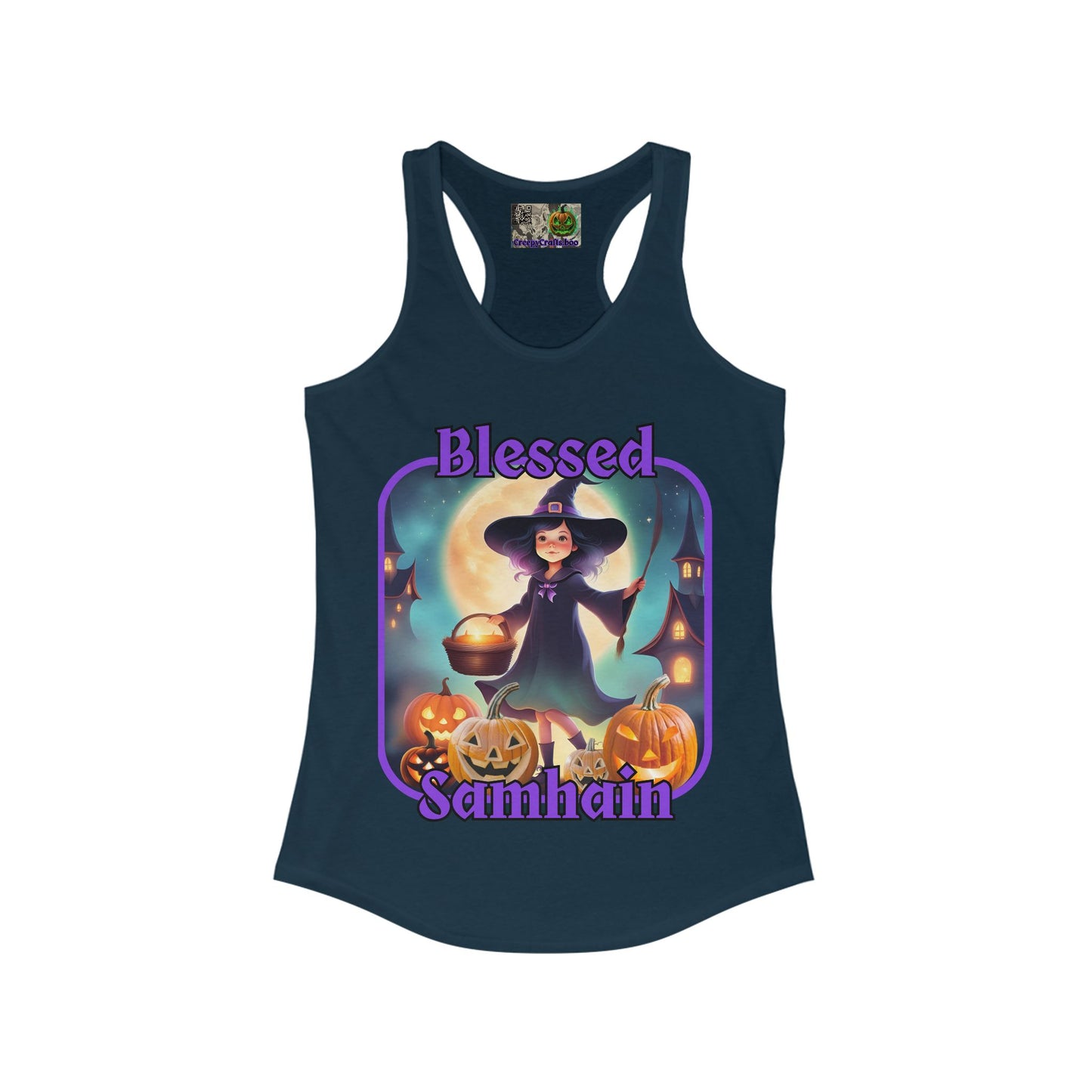 Blessed Samhain Little Witch Purple font Women's Racerback Tank Top by CreepyCrafts.boo