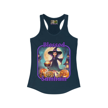 Blessed Samhain Little Witch Purple font Women's Racerback Tank Top by CreepyCrafts.boo
