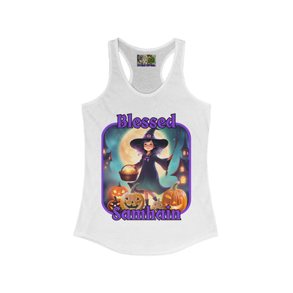 Blessed Samhain Little Witch Purple font Women's Racerback Tank Top by CreepyCrafts.boo