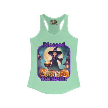 Blessed Samhain Little Witch Purple font Women's Racerback Tank Top by CreepyCrafts.boo