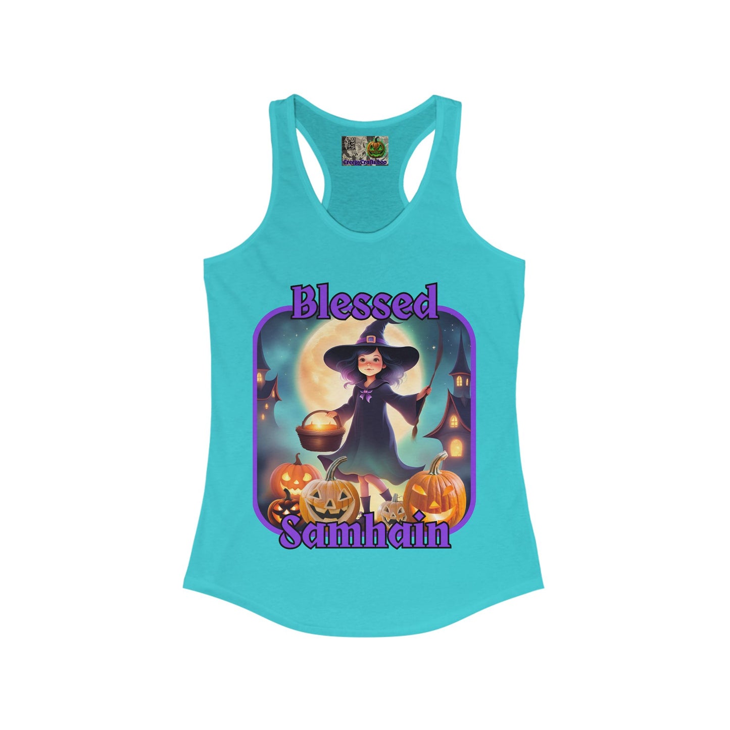 Blessed Samhain Little Witch Purple font Women's Racerback Tank Top by CreepyCrafts.boo