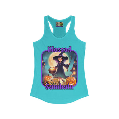 Blessed Samhain Little Witch Purple font Women's Racerback Tank Top by CreepyCrafts.boo